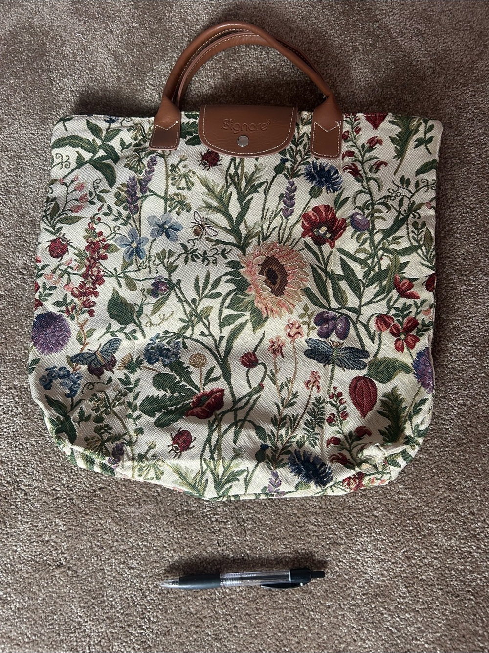 Floral Tapestry Tote with Brown Leather Handles
